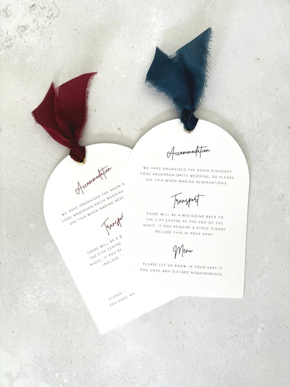 Emma arched invite with silk ribbon double sided info card