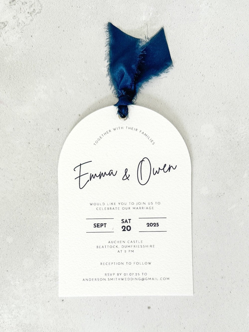 Emma arch invitation eyelet  navy silk ribbon handmade by zara dumfries