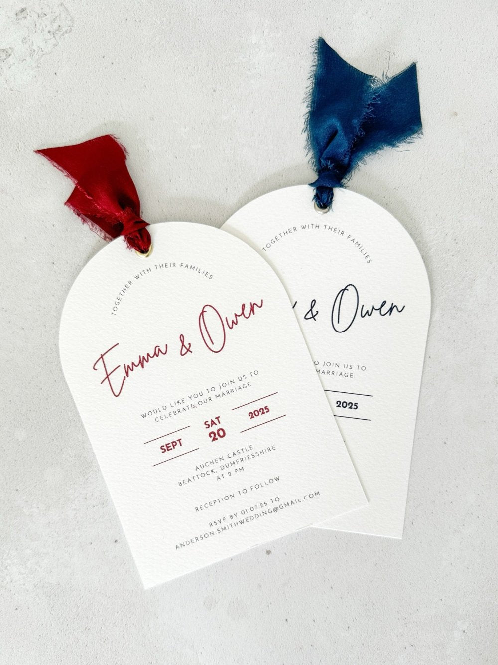 Emma arch eyelet invite with silk ribbon Auchen Castle