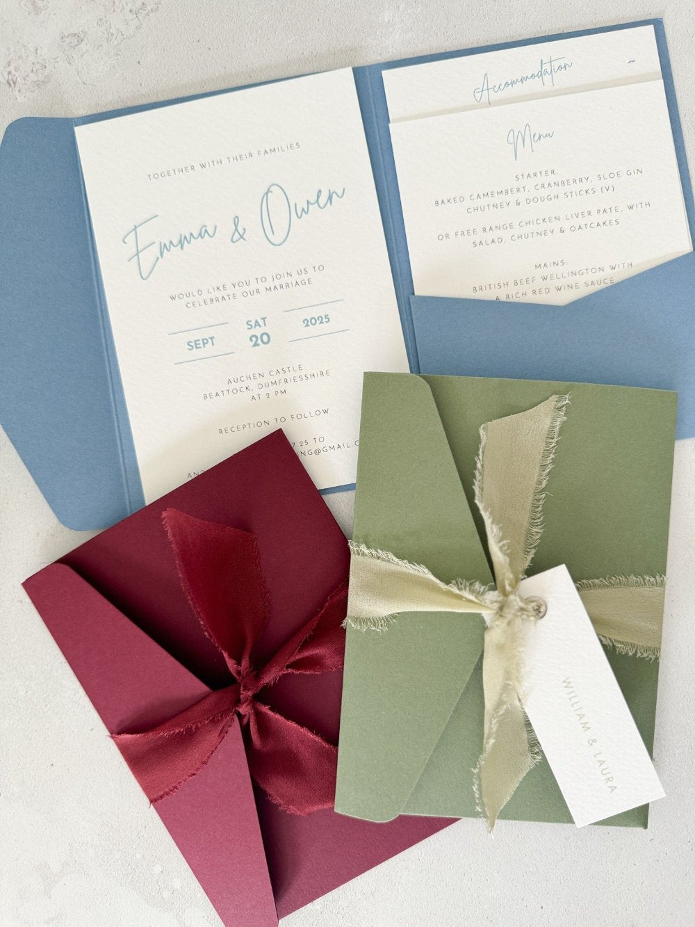 Emma pocketfold invite burgundy dusky blue sage handmade by zara