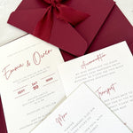 Emma pocketfold invite burgundy silk ribbon handmade by zara