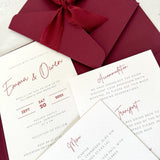 Emma pocketfold invite burgundy silk ribbon handmade by zara