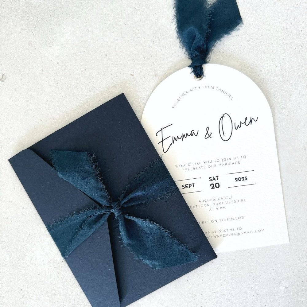 Emma sample wedding invites navy silk ribbon handmade by zara dumfries scotland