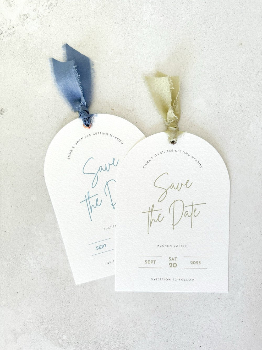 Emma save the dates arch silk ribbon handmade by zara dumfries scotland