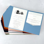 GG's Yard, Laggan, venue illustration on a dusky blue pocketfold wedding invite