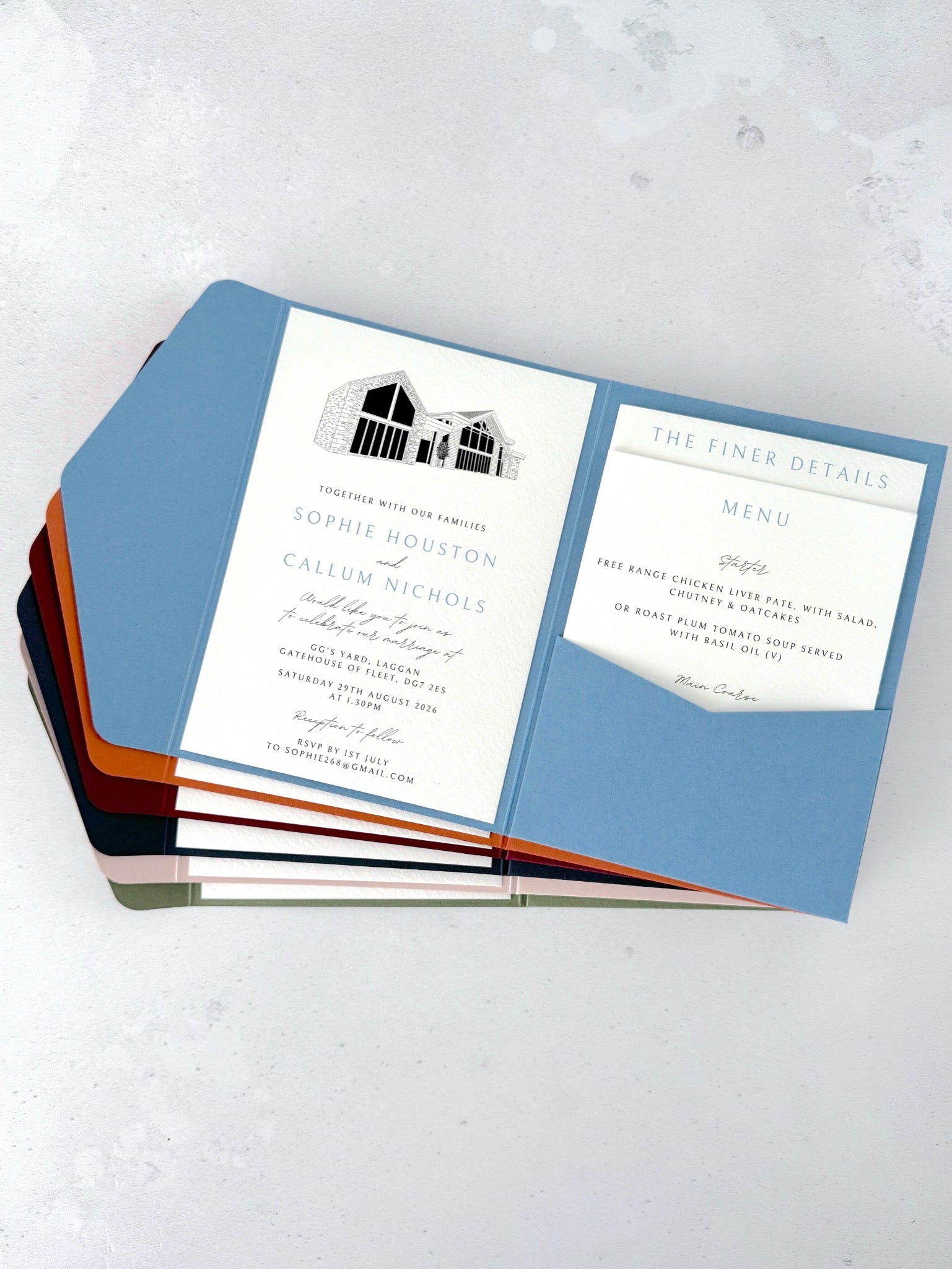 GG's Yard, Laggan, venue illustration on a dusky blue pocketfold wedding invite