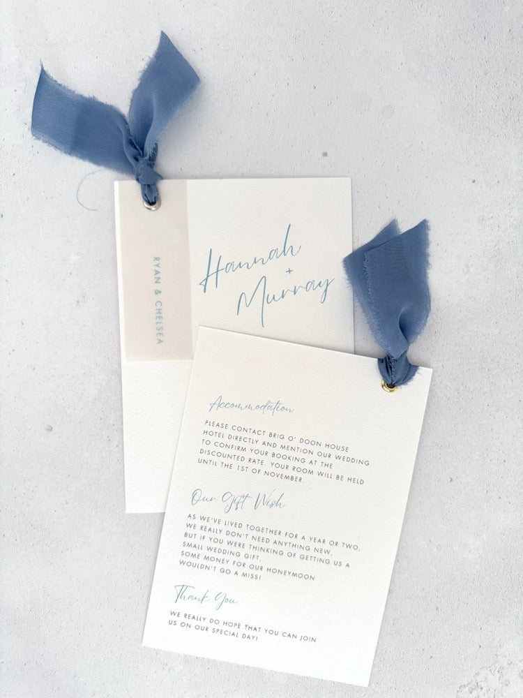 Cornflower blue double sided invite with details card for wedding accommodation and gift wish info