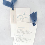 Cornflower blue double sided invite with details card for wedding accommodation and gift wish info