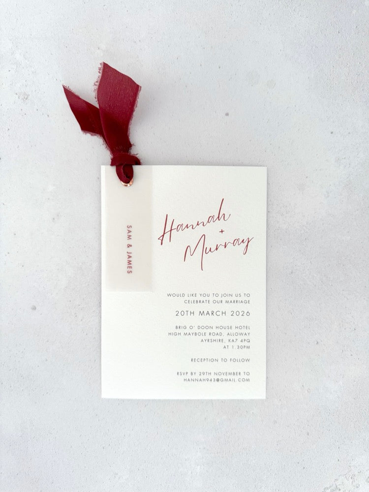 Burgundy Hannah wedding invite with vellum name tag, metal eyelet, and tied silk ribbon Brig O'Doon, Ayrshire