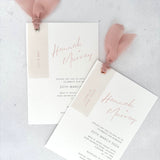 HANNAH Wedding Invite with Vellum Tag & Silk Ribbon in Blush Pink