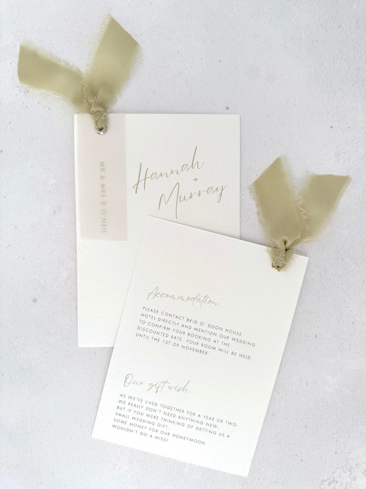 Sage green double sided invite with details card for wedding accommodation and gift wish info