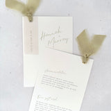 Sage green double sided invite with details card for wedding accommodation and gift wish info