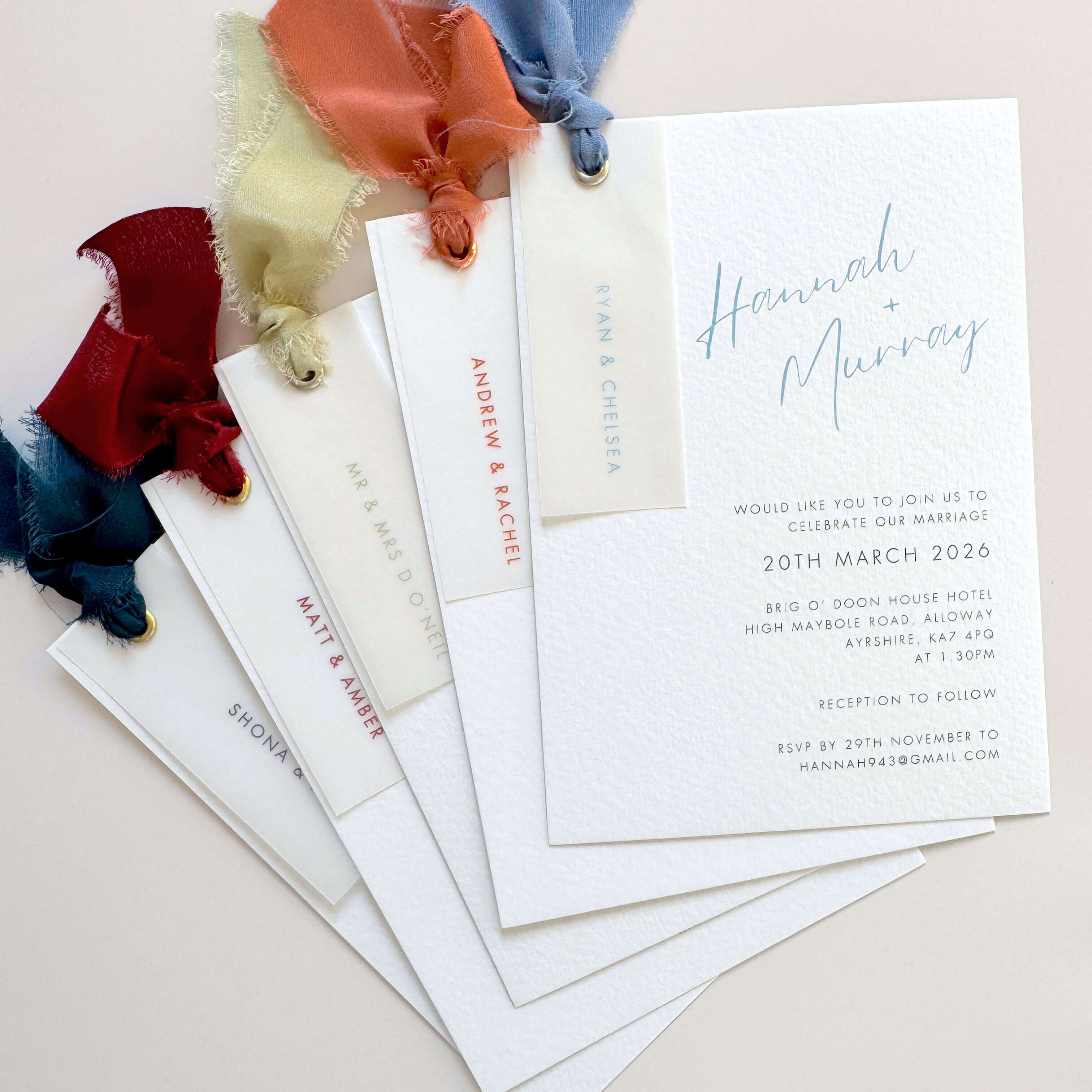 Hannah vellum tag and coloured silk ribbon wedding invites