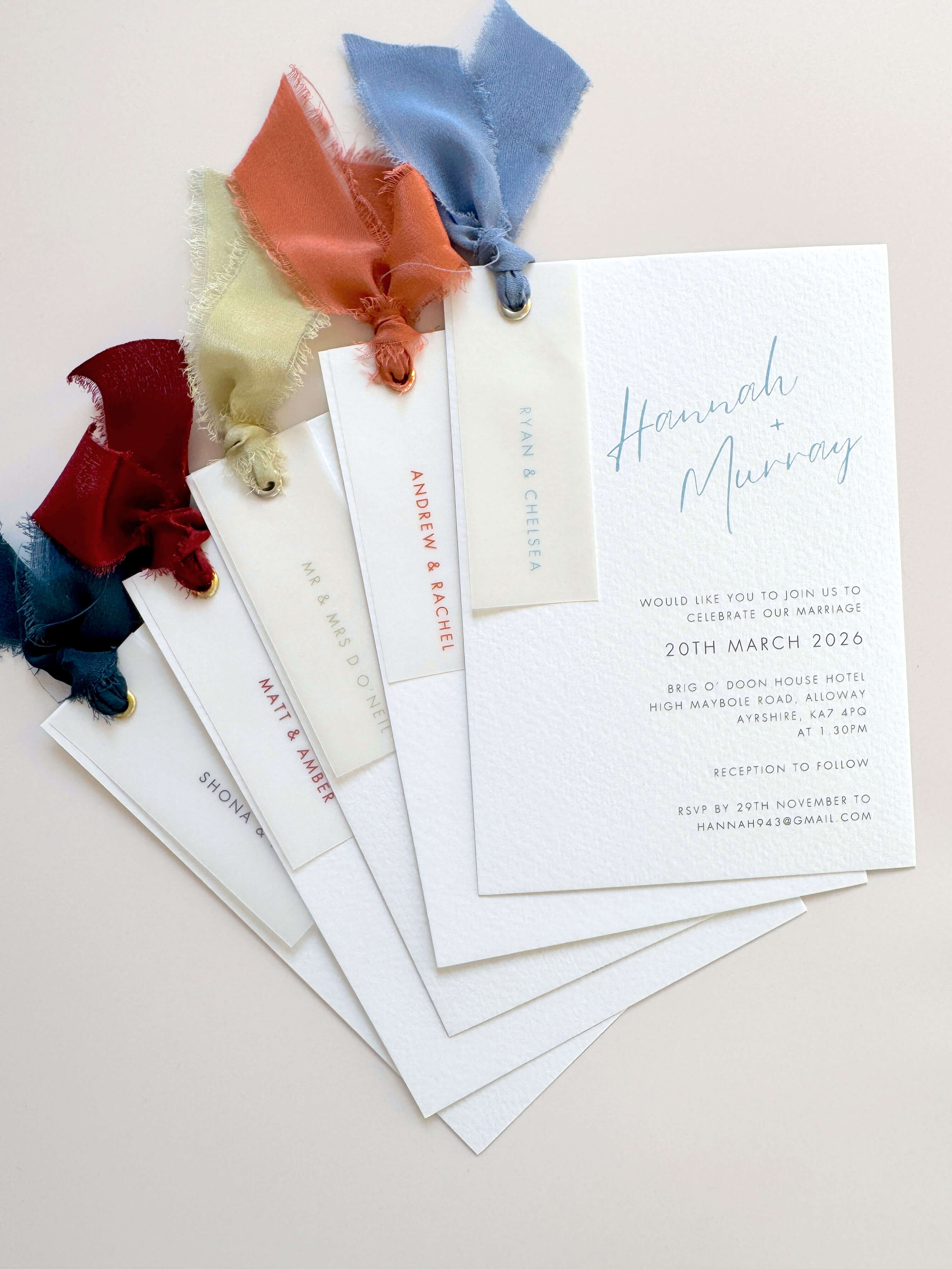 Hannah vellum tag and coloured silk ribbon wedding invites