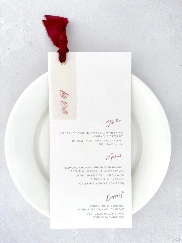 Handmade by zara burgundy DL wedding menu with silk ribbon