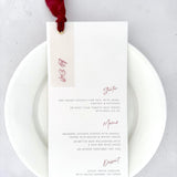 Handmade by zara burgundy DL wedding menu with silk ribbon