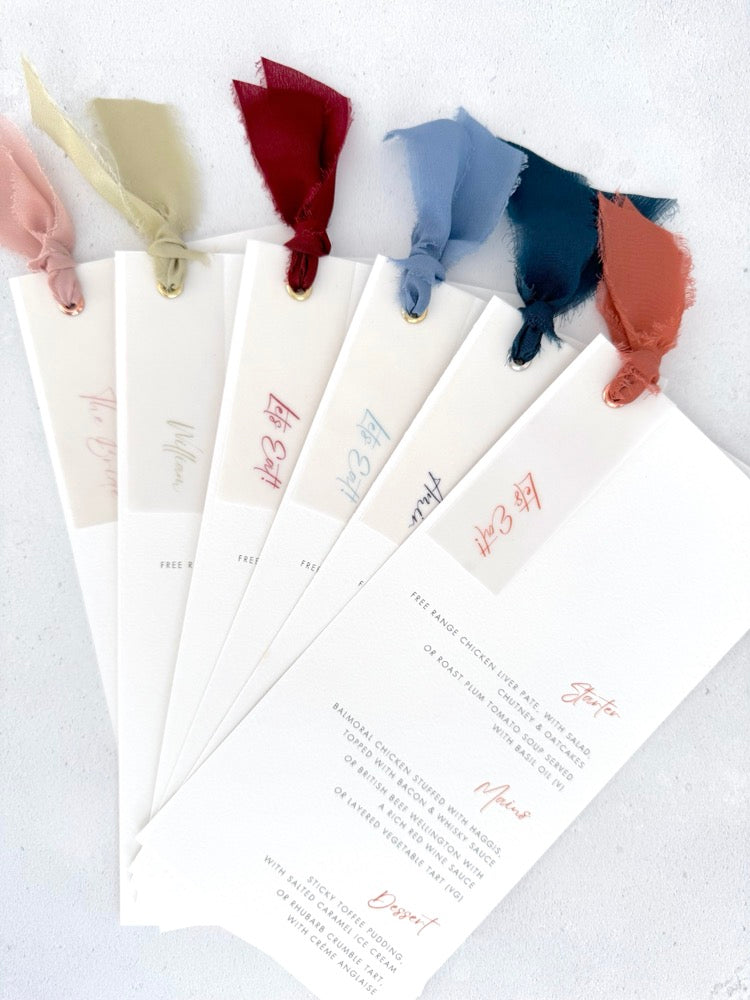 On the day stationery wedding menus with vellum and silk ribbon in 6 colours