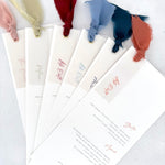 On the day stationery wedding menus with vellum and silk ribbon in 6 colours