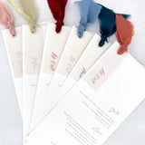 On the day stationery wedding menus with vellum and silk ribbon in 6 colours