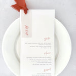 rust orange silk ribbon and eyelet vellum tag wedding menu handmade by zara