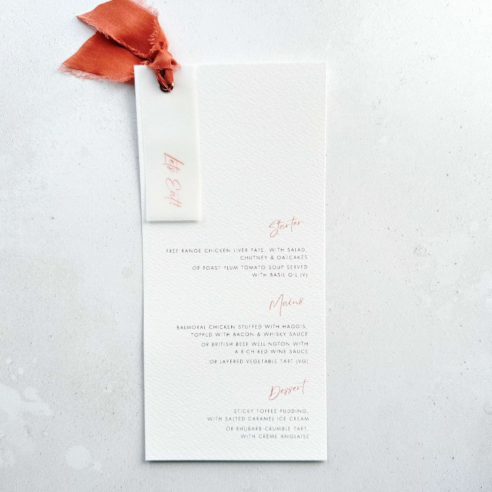 rust orange silk ribbon and eyelet vellum tag wedding menu handmade by zara