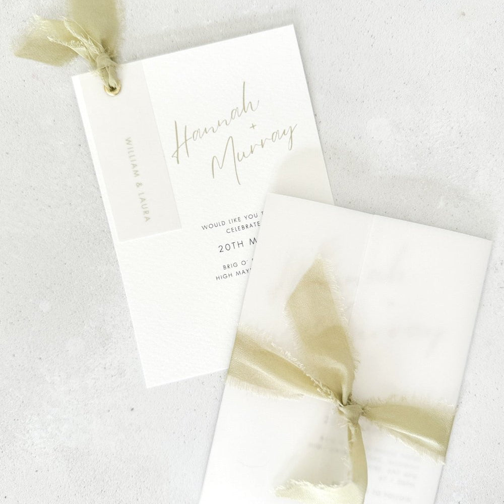 Hannah sample wedding invite vellum wrap jacket silk ribbon sage green