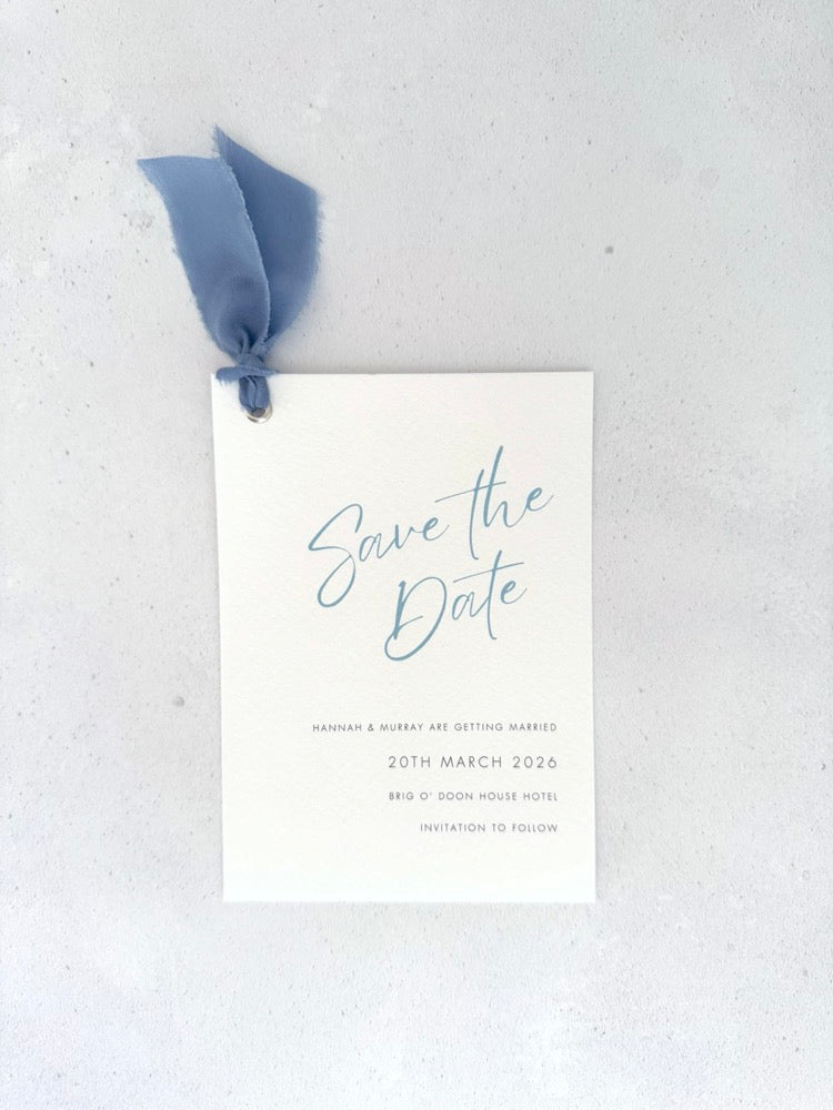 Dusky cornflower blue tied silk ribbon save the date card Handmade by zara