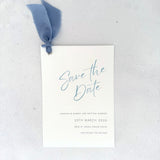 Dusky cornflower blue tied silk ribbon save the date card Handmade by zara