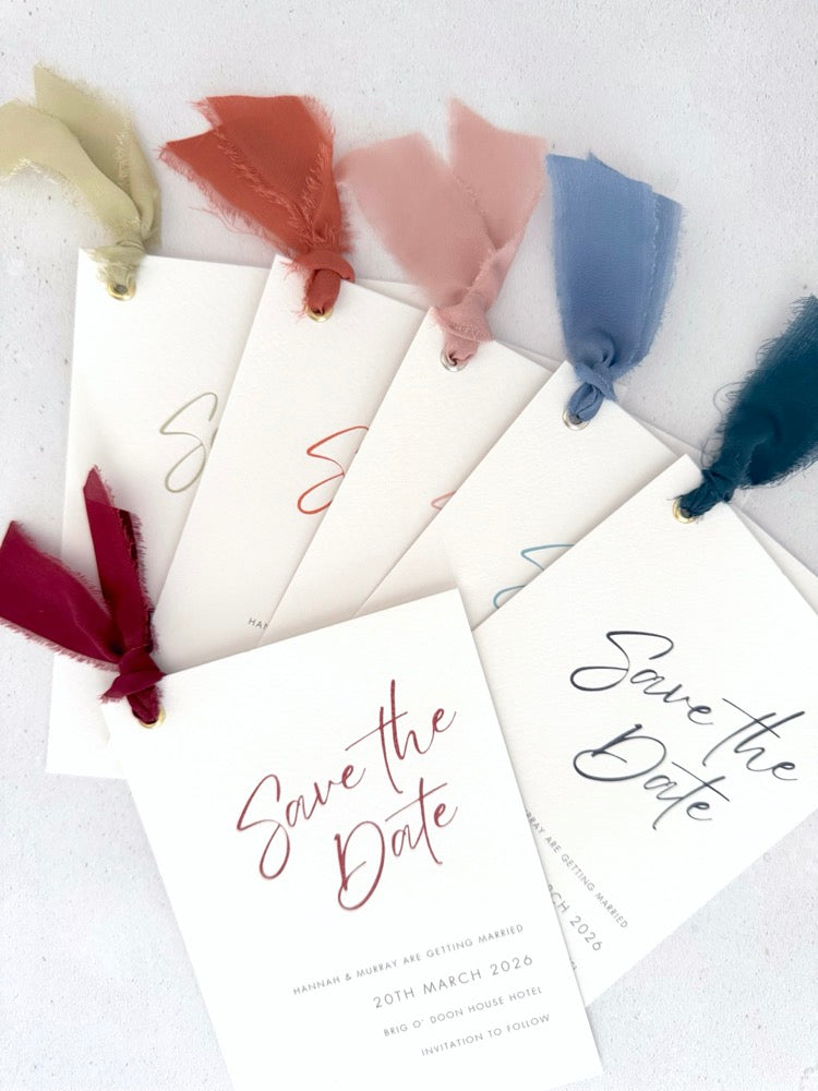 tied silk ribbon save the date cards in 6 colours Handmade by Zara Dumfries