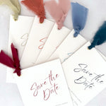 tied silk ribbon save the date cards in 6 colours Handmade by Zara Dumfries