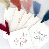 tied silk ribbon save the date cards in 6 colours Handmade by Zara Dumfries