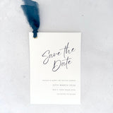 Navy tied silk ribbon save the date card