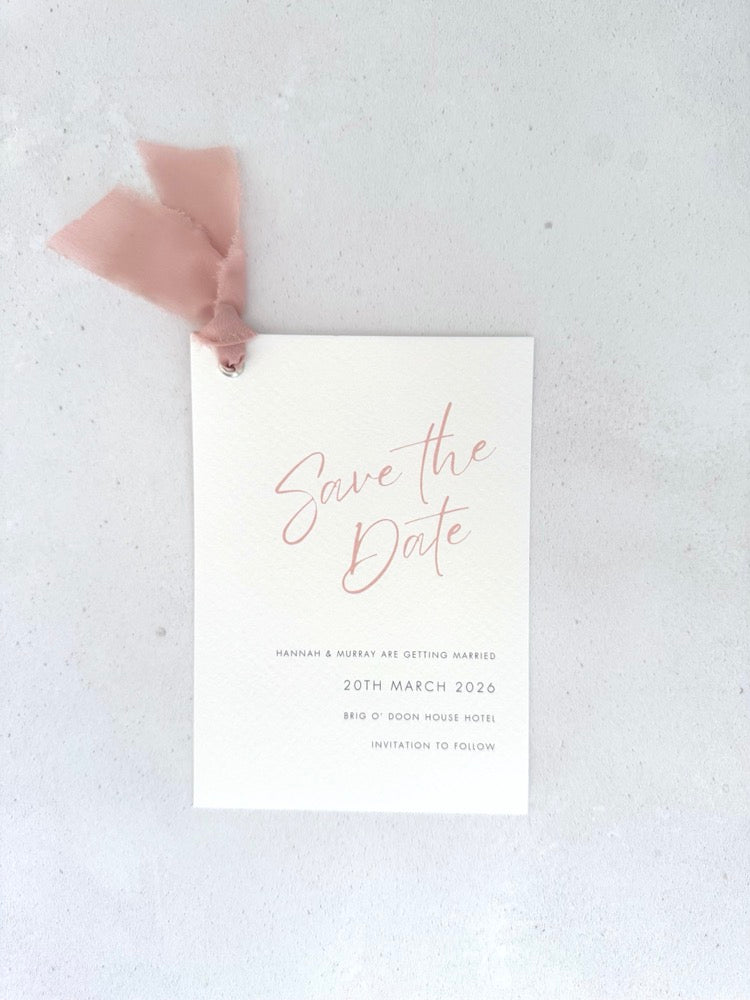 Blush pink tied silk ribbon save the date card