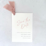 Blush pink tied silk ribbon save the date card