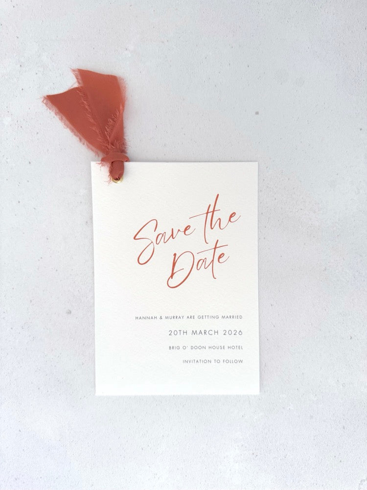 Cinnamon tied silk ribbon save the date card Handmade by Zara