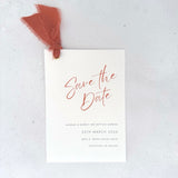 Cinnamon tied silk ribbon save the date card Handmade by Zara