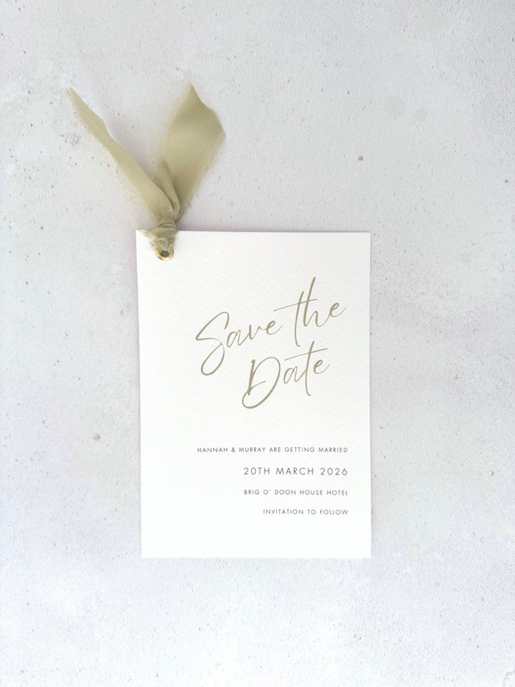 Sage green tied silk ribbon save the date card