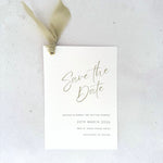 Sage green tied silk ribbon save the date card