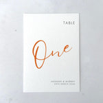 Terracotta orange Hannah personalised table number for on the day wedding day stationery