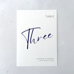 Navy Blue Hannah personalised table number for on the day wedding day stationery