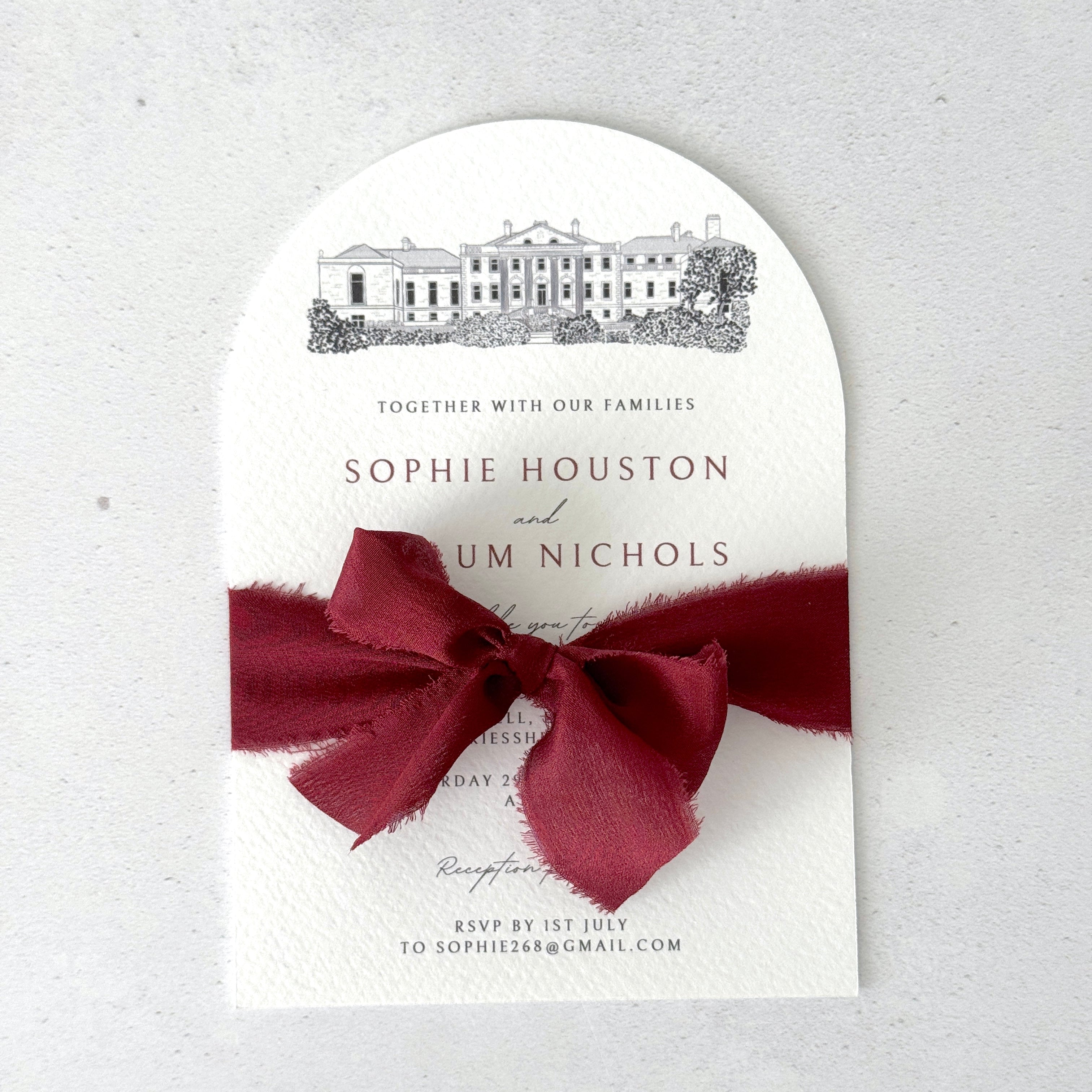 Finishing touch of silk burgundy ribbon on arch shaped venue illustration wedding invite