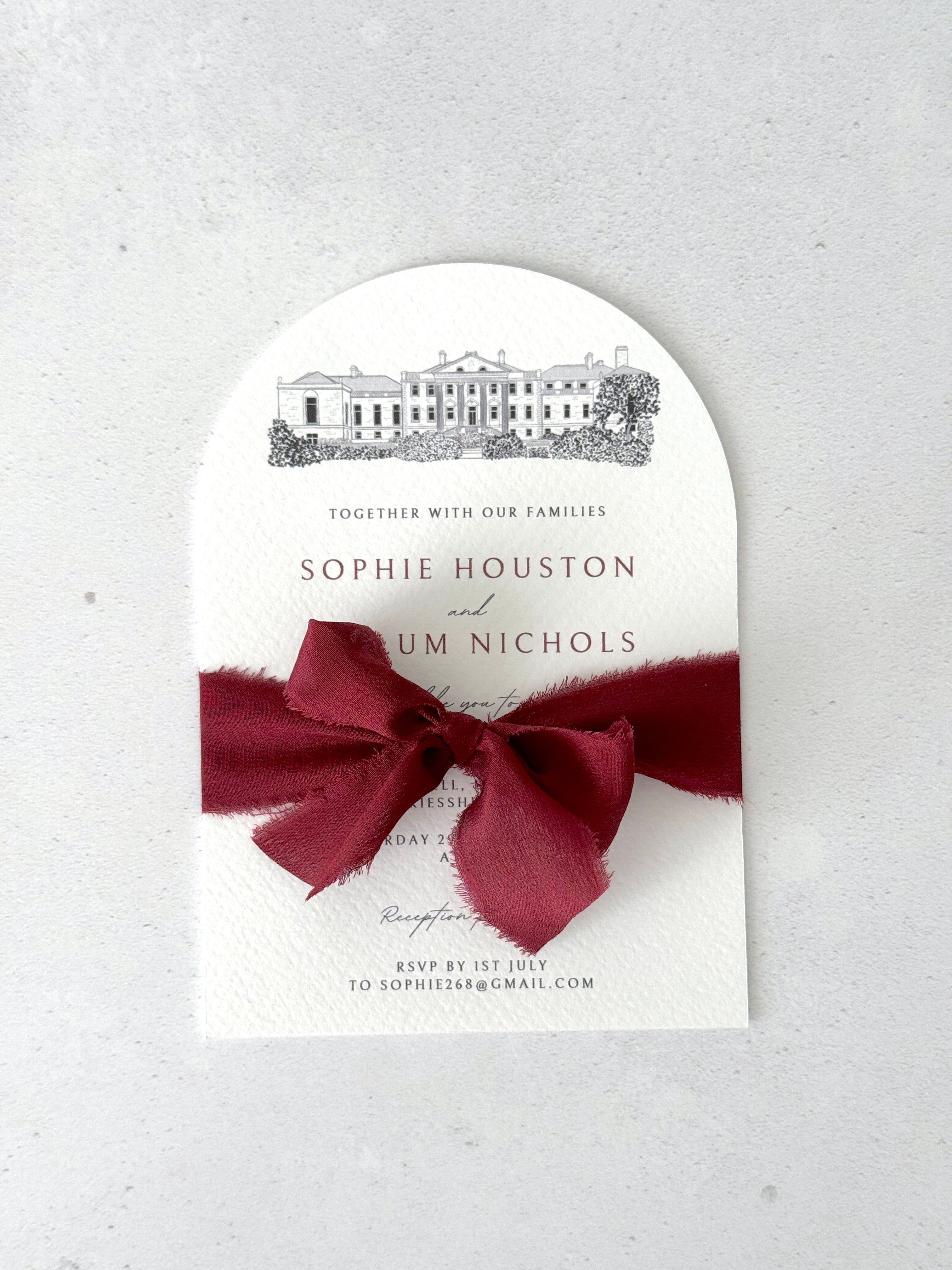 Finishing touch of silk burgundy ribbon on arch shaped venue illustration wedding invite
