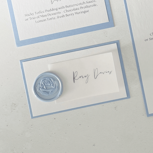 Vellum and wax seal place card dusty blue