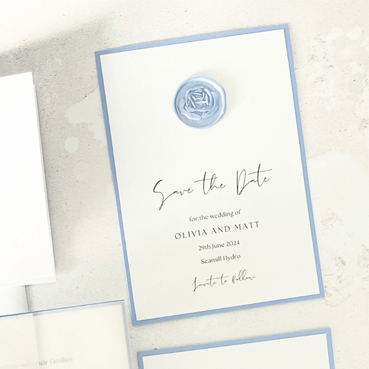 Save the date card dusty blue wax seal
