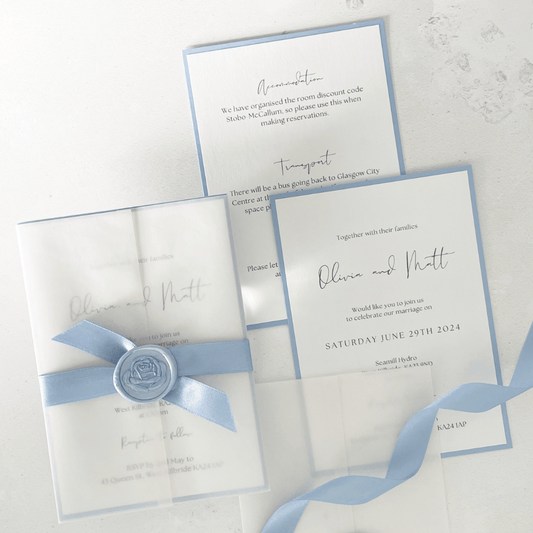 Jeni vellum wrap wedding invitation handmade wax seal