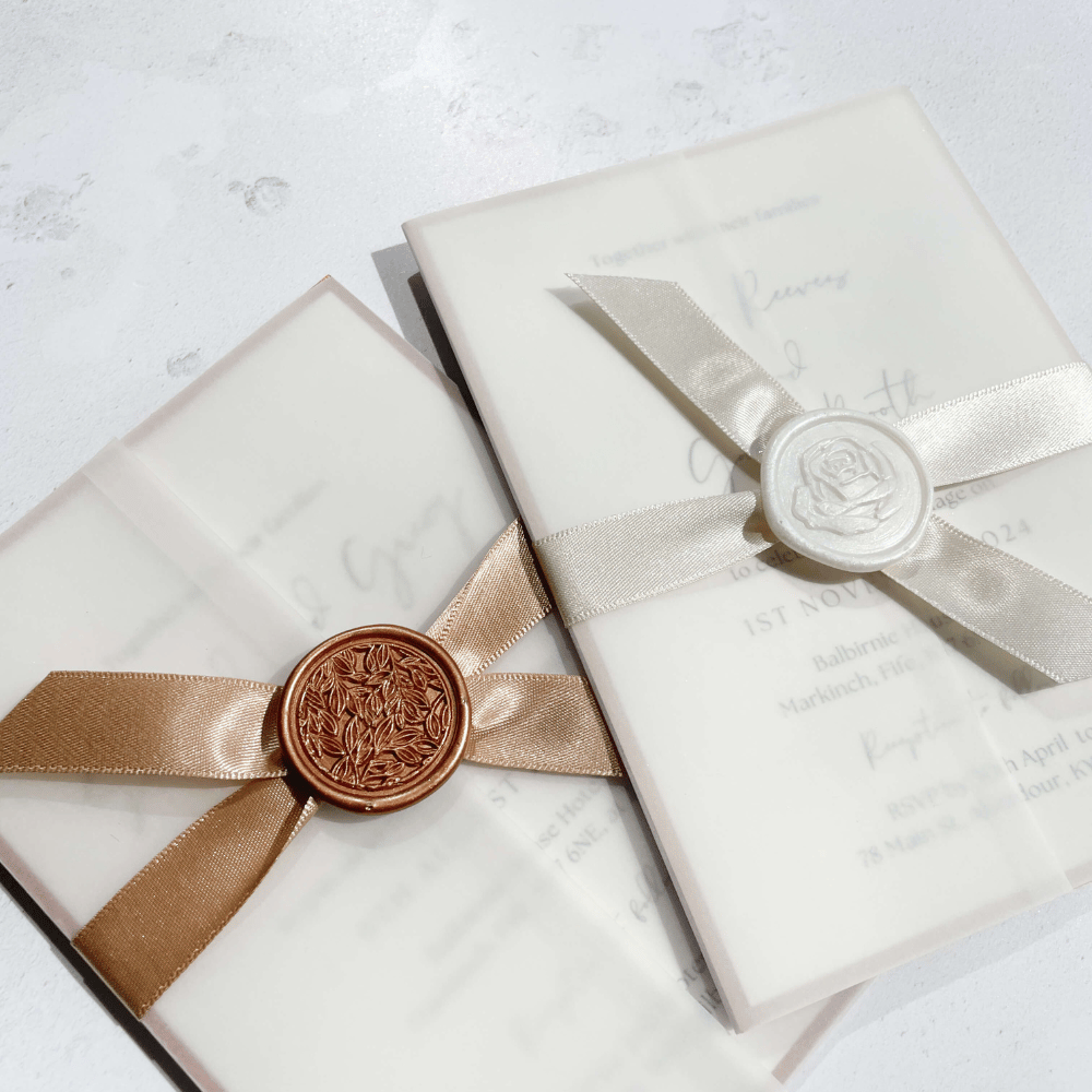copper handmade wax seal cinnamon satin ribbon wedding invite