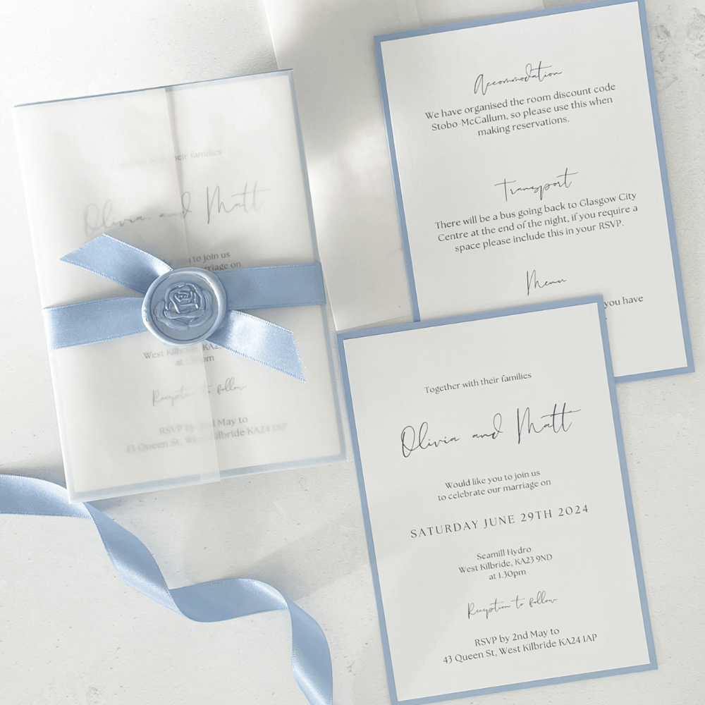 handmade vellum wedding invite cornflower blue