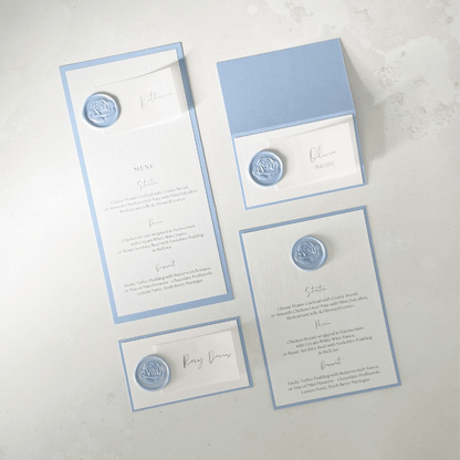 Wax seal menu on the day wedding stationery