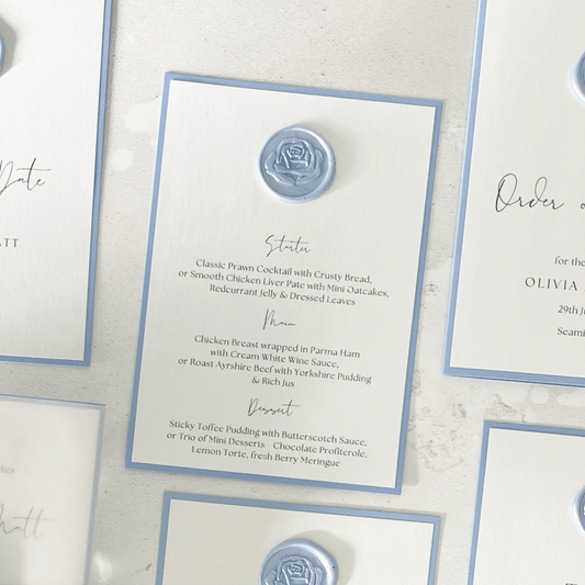 Cornflower blue wax seal a6 postcard wedding menu