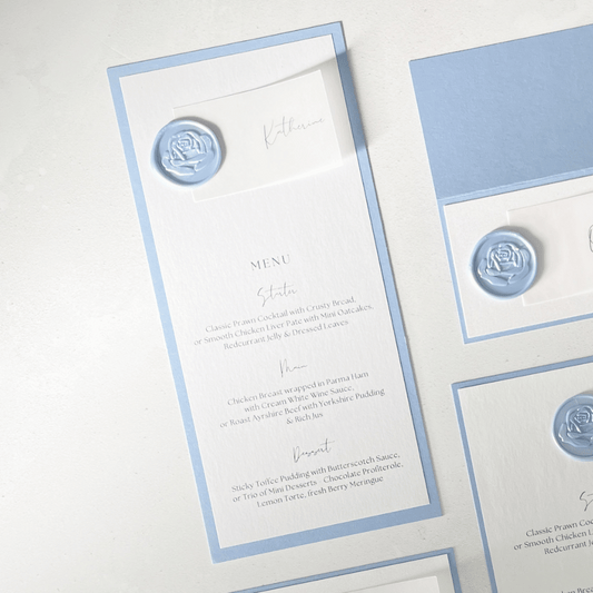 Vellum and wax seal dusky blue printed  place card menu